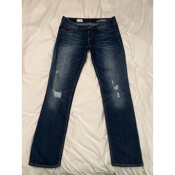 Gap Jeans 1969 Real Straight Distressed Women’s R 29 Dark Blue Denim - Picture 1 of 10